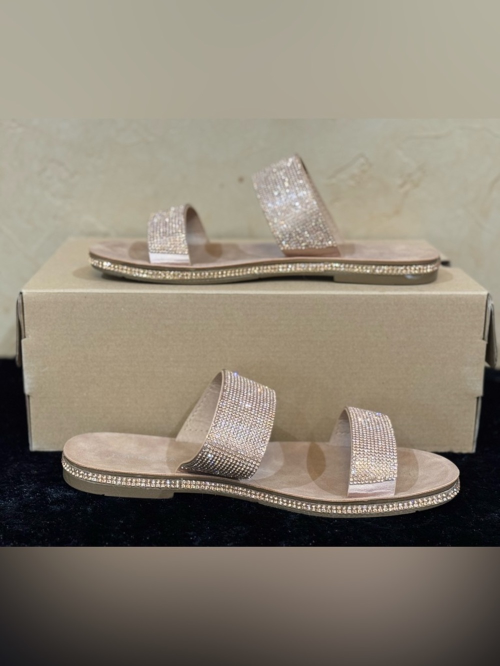 Embellished Double-Band Slide Sandals in Gold with Sparkling Crystals - Size 9